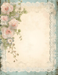 Vintage Wedding Scrapbook Paper Journal, Lace, Florals, flowers, empty space, green, pink, ivory, white, border