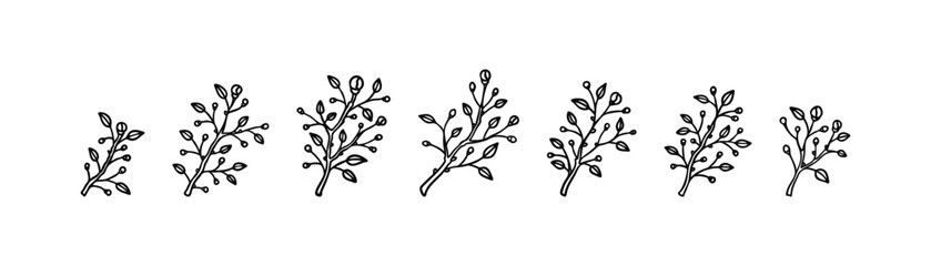 Spring blooming outline branch set. Black and white hand drawn flowering plant minimalist icons. Minimal modern design element for greeting cards, wedding invitations, beauty and spa salon logo