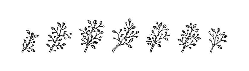 Spring blooming outline branch set. Black and white hand drawn flowering plant minimalist icons. Minimal modern design element for greeting cards, wedding invitations, beauty and spa salon logo