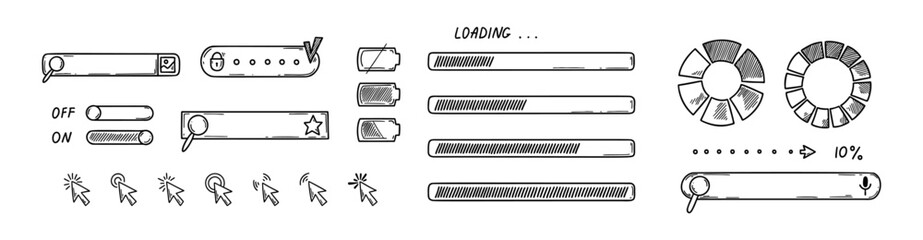 Web design doodle elements set. Website user interface icons, bars, buttons. Code software technology.
