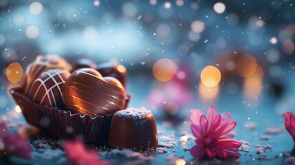 Luxury valentine chocolate in gift box and tender flowers. Flakes and bokeh in image.