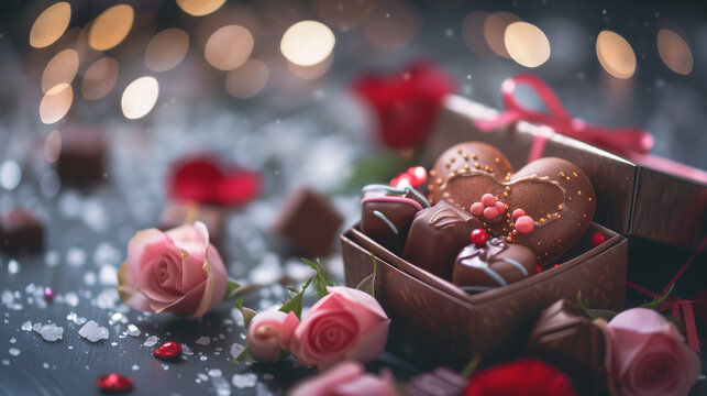 Luxury valentine chocolate in gift box and tender roses. Saltflakes and bokeh in image.