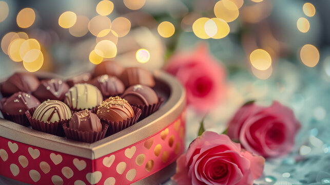 Luxury valentine chocolate in a heartshaped gift box with tender roses. Yellow lights and bokeh in image.