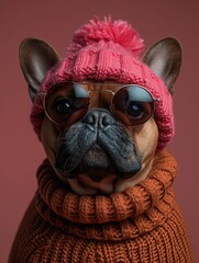 French Bulldog dog portrait with high necked sweater, showcasing innovative and fashionable beauty trends