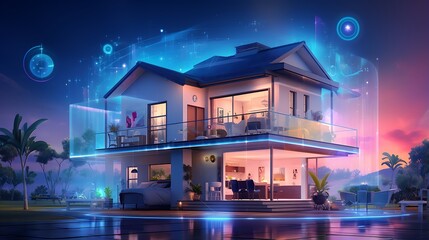 Nighttime view of a high-tech smart home with interactive blueprints.