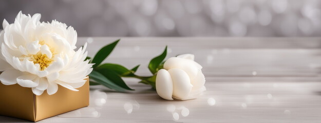 White Peonies and Gift Box with Bokeh