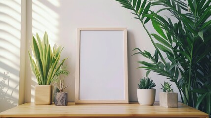 Mockup of a wooden photo frame sitting on a table next to a houseplant. Minimalist, aesthetic, natural indoor photo frame. Created with Generative AI.
