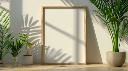 Mockup of a wooden photo frame in a minimalist room with ornamental plants. The picture frame is illuminated by the sunlight from the window. Created with Generative AI.