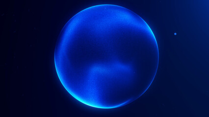 Abstract shiny dark blue plasma energy sphere of particles and waves. Magic shiny orb with flowing surface.