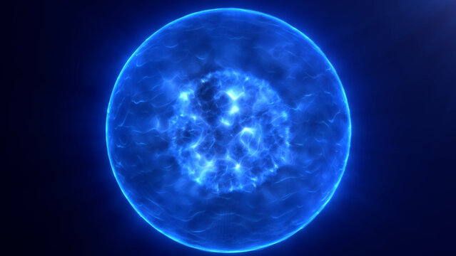 Abstract neon glowing blue bright digital high-tech futuristic plasma sphere created from waves and particles with an icy energy core floats in space. 