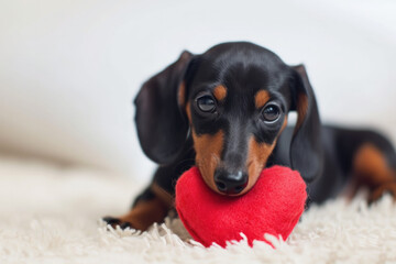 Small Black and Brown Dog Holding a Red Heart