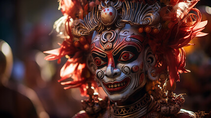 Close-up of intricate Barong mask, Bali's mythological dance performance.