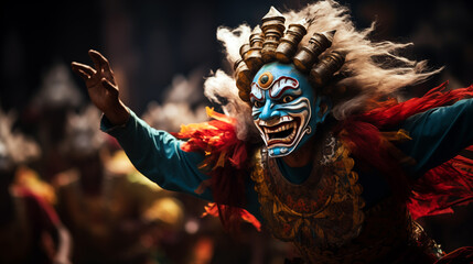 Dynamic Barong mask with intense expression in Bali dance ritual. - obrazy, fototapety, plakaty