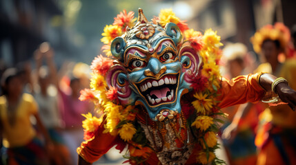 Obraz premium Fierce Barong mask captured in the midst of Bali's vibrant festival.