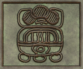 Hieroglyphic writing of the Maya tribe- 3d illustration. Metal background- antique decoration.