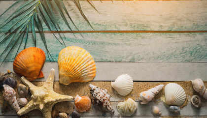 Seashells on the sand of  twooden retro background. Top view with copy space. Summer holiday banner background
