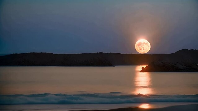 Full Moon Rising Over Ocean Horizon at Dusk