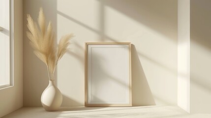 Mockup of a wooden photo frame inside a white-walled room with an aesthetic room theme decorated with a white vase, and illuminated by sunlight from outside the window. Created with Generative AI.