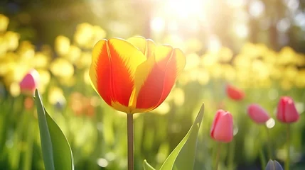 Poster Beautiful yellow and red tulip at the field. Concept of spring nature with smooth bokeh sun light background. © Alpa