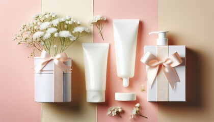 Presentation of a gift set of a cosmetic product, gift box on a pastel color with flowers, flatlay