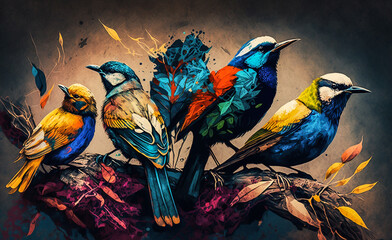 Various types of songbirds sitting on the branch of tree. Watercolor paint illustration. Generative AI.	