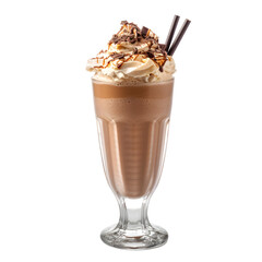 Chocolate milkshake cocktail with whipped cream, chocolate topping isolated on transparent background