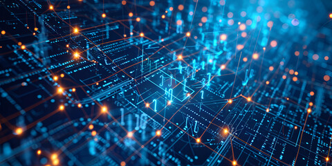 Obraz premium Pulsating Precision: The Living Patterns of Interwoven Circuit Lines on a Dynamic Circuit Board, Digital Network and Data Connections, Futuristic Technology and Data Grid