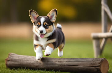 A corgi puppy jumps over a log. Training. Made with the help of artificial intelligence. Wallpaper, postcard, screensaver.