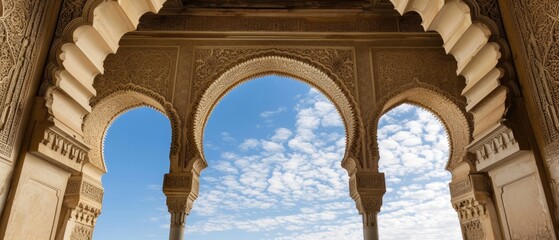 Fototapeta premium A close-up view of elegant Arabian arches against a clear blue sky. Ramadan Kareem background with mosque arch. Islamic greeting Eid Mubarak cards for Muslim Holidays festival celebration.