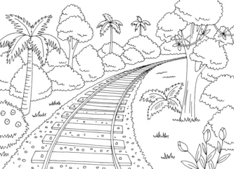 Fotobehang Railway jungle railroad graphic black white sketch landscape illustration vector © aluna1