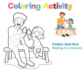 Happy Father’s Day colouring sheet. Father’s day coloring pages. Easy and simple colouring page for kids. Father sitting on a bench with son while eating ice cream together.