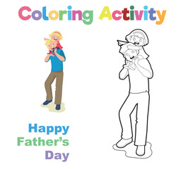 Happy Father’s Day colouring sheet. Father’s day coloring pages. Easy and simple colouring page for kids. Father carrying his daughter on his shoulder