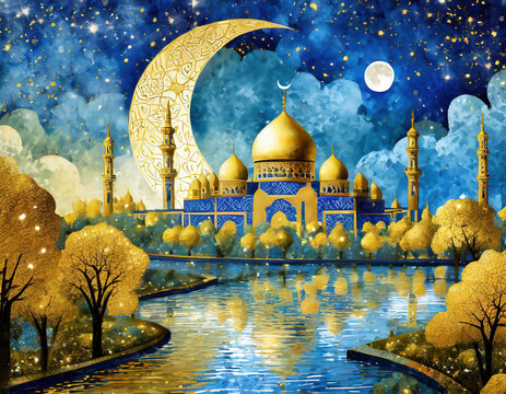 Ramadan Kareem background of an arabic city near river with city golden colored mosque, moon and trees at night.