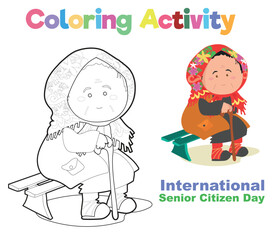 Easy and simple colouring page for kids. A grandmother sitting on a bench and holding a cane stick. International Senior Citizen Day Edition. Coloring World Elderly Day Theme