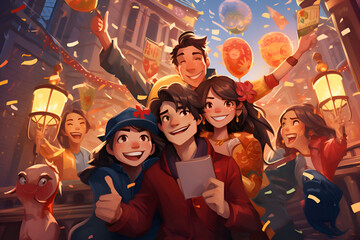 Group of happy people celebrating Chinese New Year in the city. Conceptual illustration.