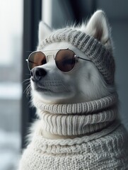 Siberian Husky dog portrait with glasses and high necked sweater