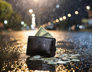 A lost wallet with water droplets of money and coins dropped in the middle of the street on a rainy night. concepts of business, investment, finance, theft and honesty. Space for text