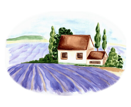Lavender violet fields and farmhouse against a background of trees and sky. Watercolor illustration of Provence summer landscape. Isolated hand drawn template for wallpaper, textile, printed, sticker.