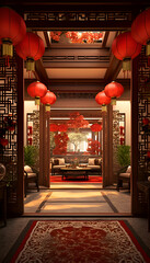 Fototapeta premium Chinese temple with cherry blossom and blue sky 3d rendering