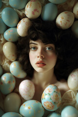Fototapeta na wymiar Young woman surrounded by a sea of delicate easter eggs, her serene face a portrait of contemplation in this intimate indoor scene