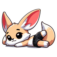 A tired Fennec Fox laying  on his stomach with his legs stretched 