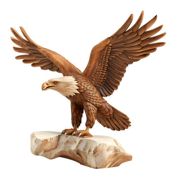 Wooden Eagle Statue Isolated On White, Wooden Craft, Wooden Animal Miniature, Wooden Animal Figurine