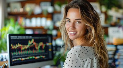 Smiling portrait of a elegant businesswoman working with multiply display showing graph and stock price on desk.