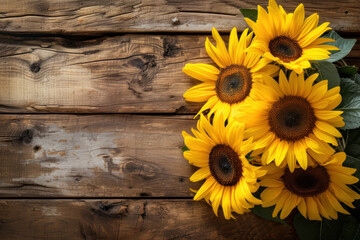 A Bouquet of Sunflowers on a Wooden Background