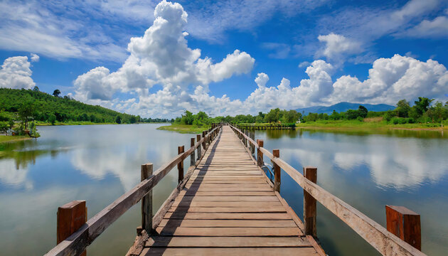 Wooden bridge in the lake with blue sky and white clouds in summer