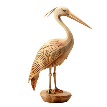 Wooden Crane Statue Isolated On White, Wooden Craft, Wooden Animal Miniature, Wooden Animal Figurine