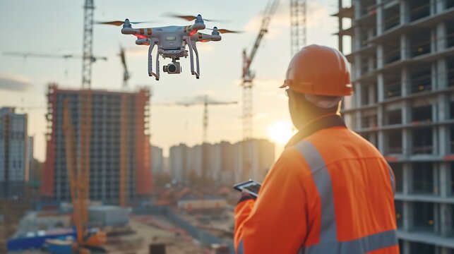 A construction worker using a drone on a construction site; the notion of drone survey and space, Generative AI.