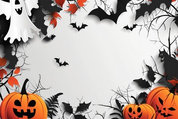 Spooky Halloween Banner with Jack-o-Lanterns, Bats, and Ghosts on White Background