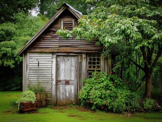 Fototapeta na wymiar Rustic Garden Shed: Vintage Timber Structure in Lush Greenery