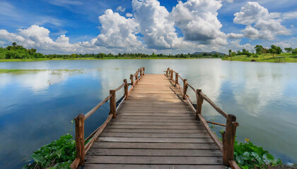Wooden bridge in the lake with blue sky and white clouds in summer